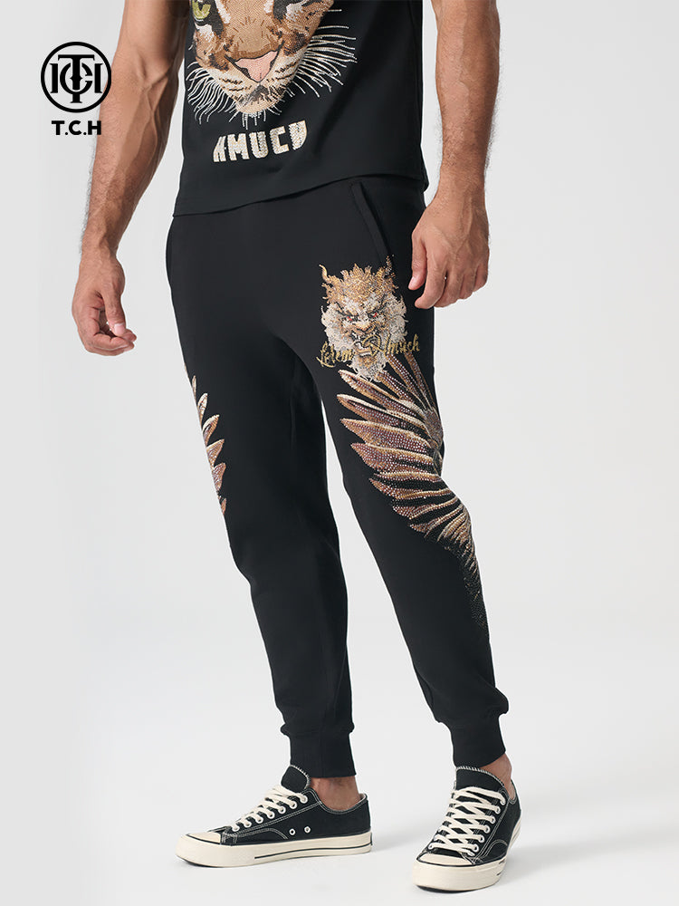 TCH Men's Wings Rhinestone Graphic Black Sweatpants