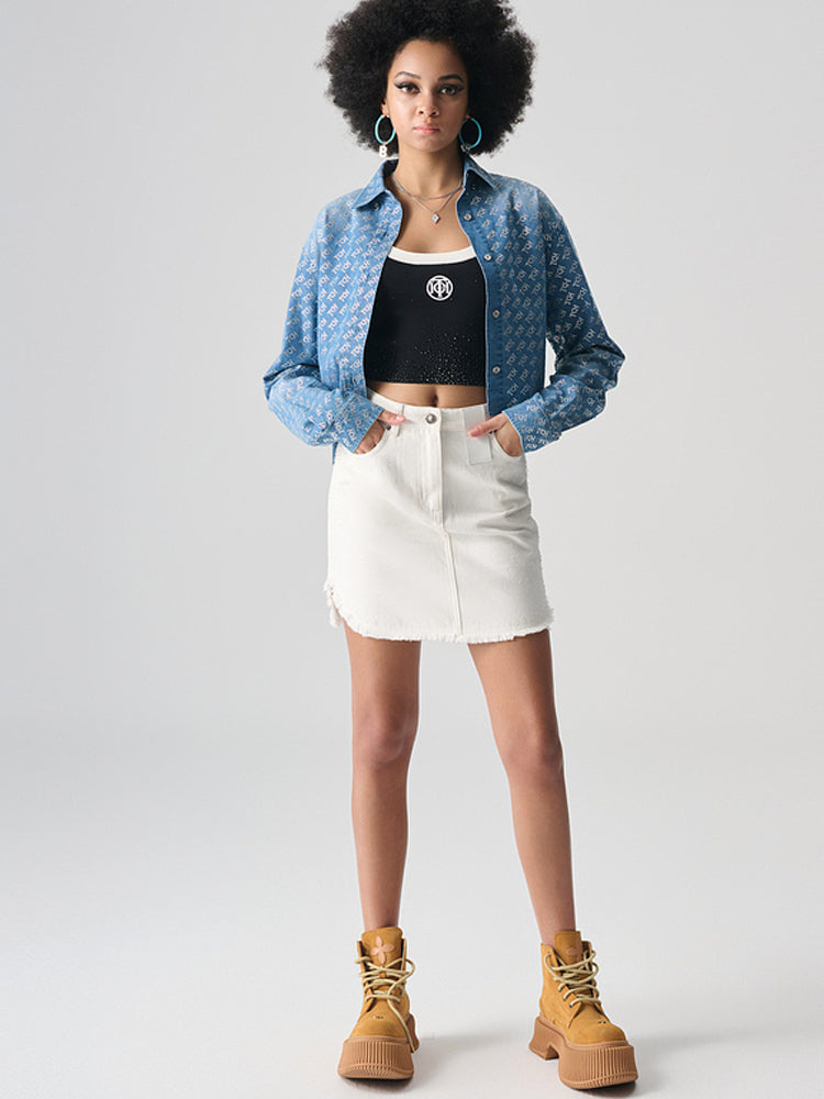TCH Allover Logo Jacquard Rhinestone Denim Cropped Jacket