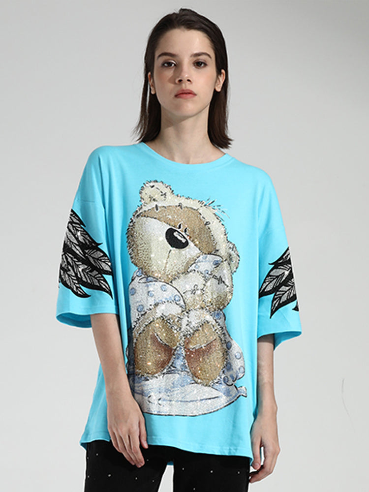 TCH Oversized Bear Rhinestone Wings Sleeve T-shirt