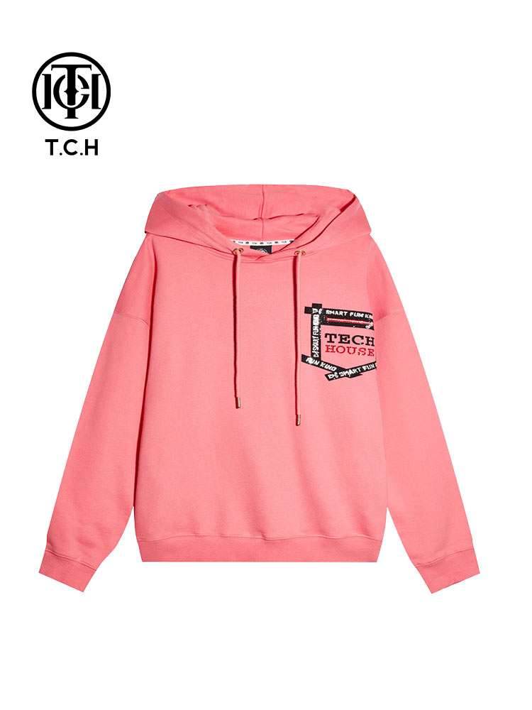TCH Drawstring Rhinestone Letter Oversized Hoodie with Pink