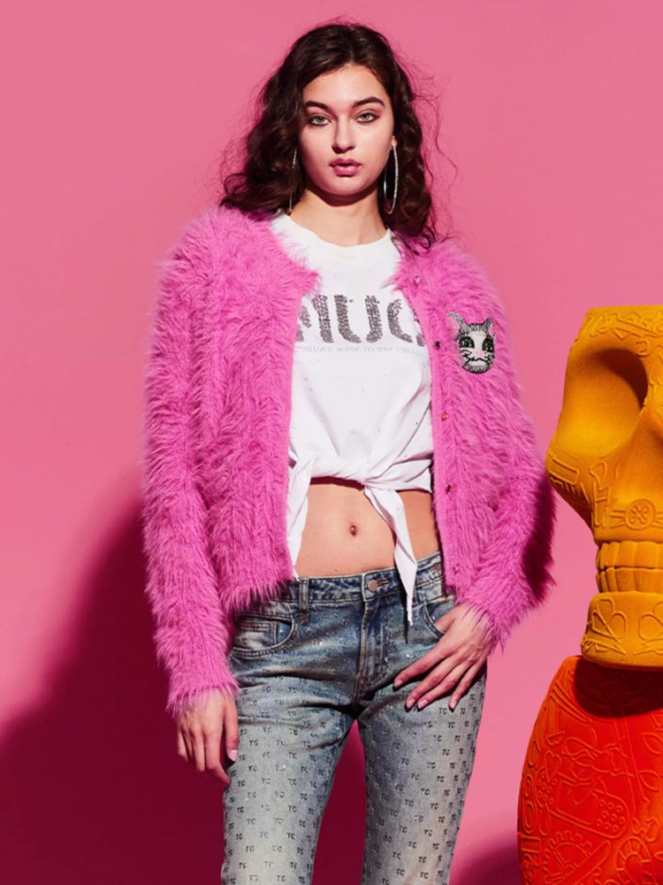 TCH Graphic Rhinestone Brushed Wool Knit Cardigan