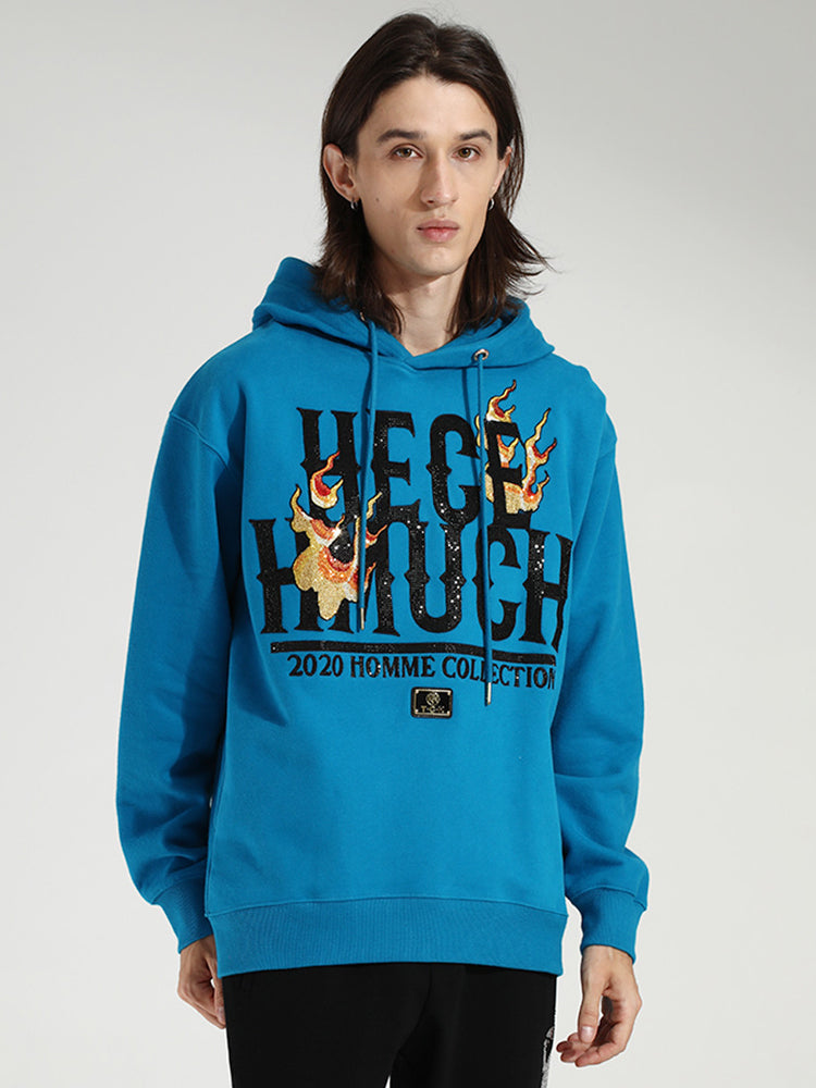 TCH Unisex Fire Letter Rhinestone Graphic Hoodie in Blue
