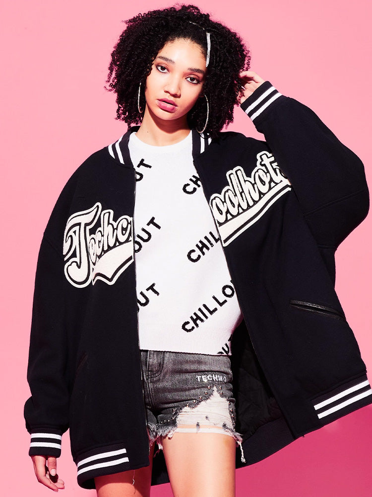 TCH Rhinestone Monogram Print Zip School Jacket