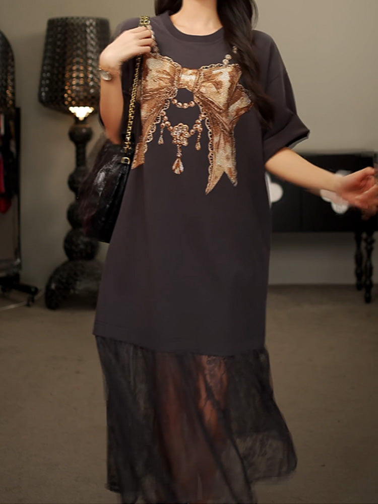 TCH Rhinestone Bow Lace Mesh Long Dress