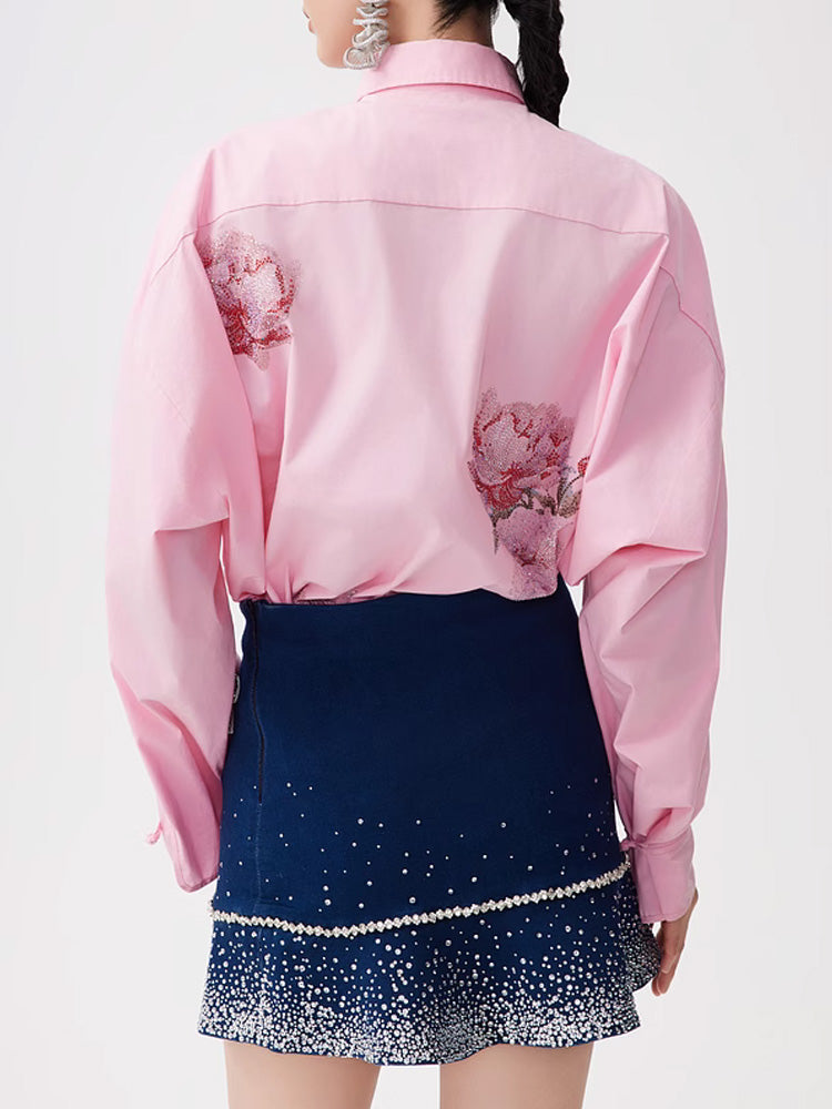 TCH Flower Rhinestone Button Down Asymmetry Shirt