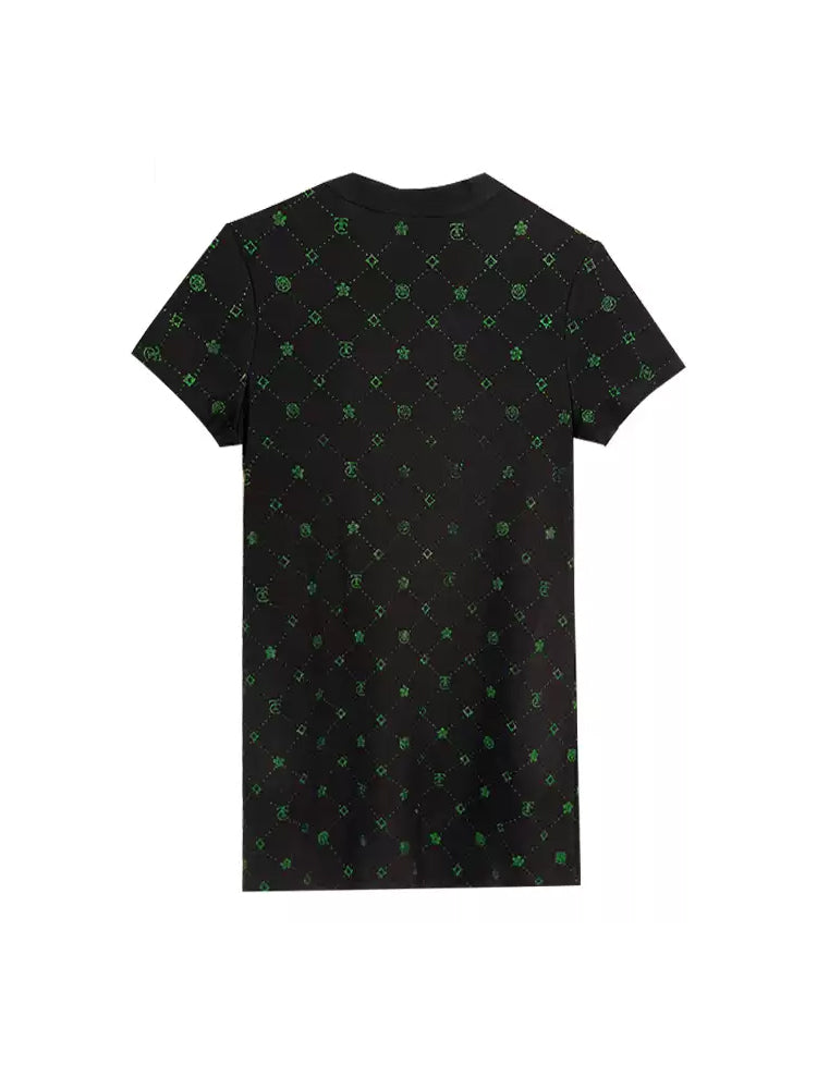 TCH Logo Print Rhinestone Casual Polo Mini Dress