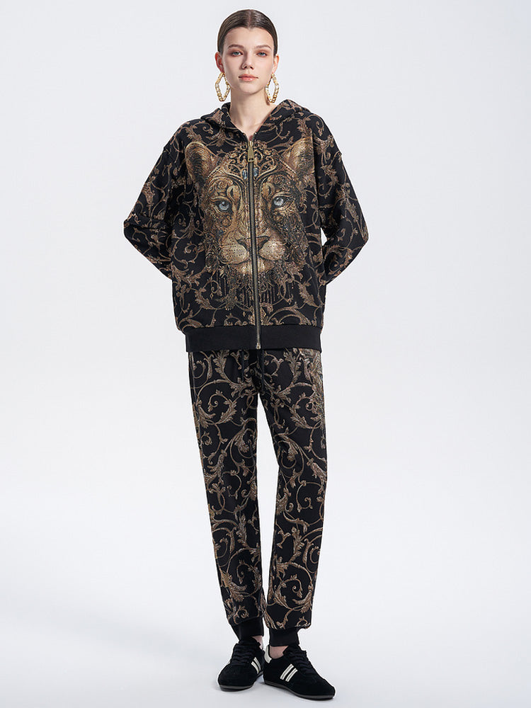 TCH Allover Leopard Print Rhinestone Zip Up Hoodie Set 2 Piece Suit