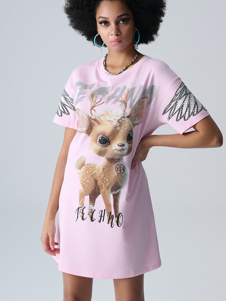 TCH Wings Deer Print Rhinestone T-shirt Dress