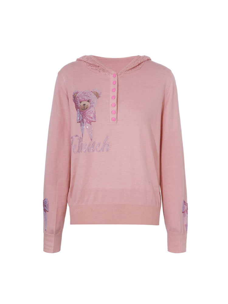 TCH Bear Rhinestone Graphic Hoodie Top