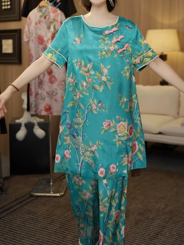 TCH Floral Pearl-Embellished Satin Vintage Dress