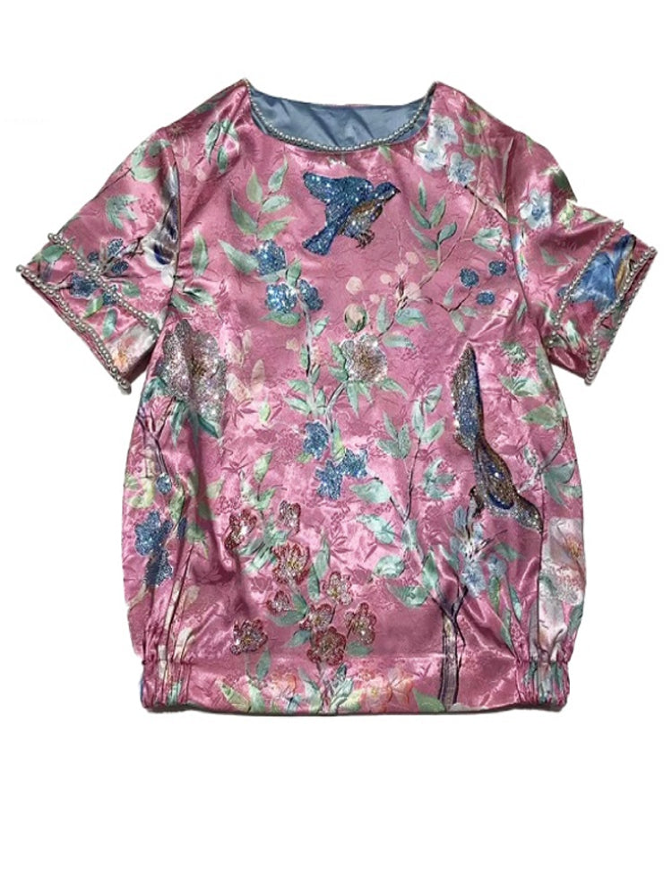 TCH Retro Rhinestone Satin Floral Print Top