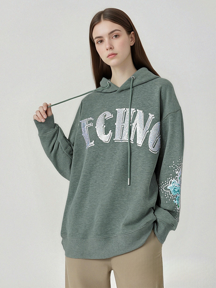 TCH Rhinestone Letter Graphic Hooded Sweatshirt