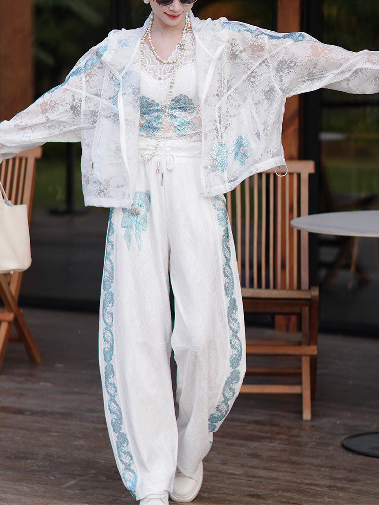 TCH Bow Rhinestone Sheer Mesh Zipper Jacket