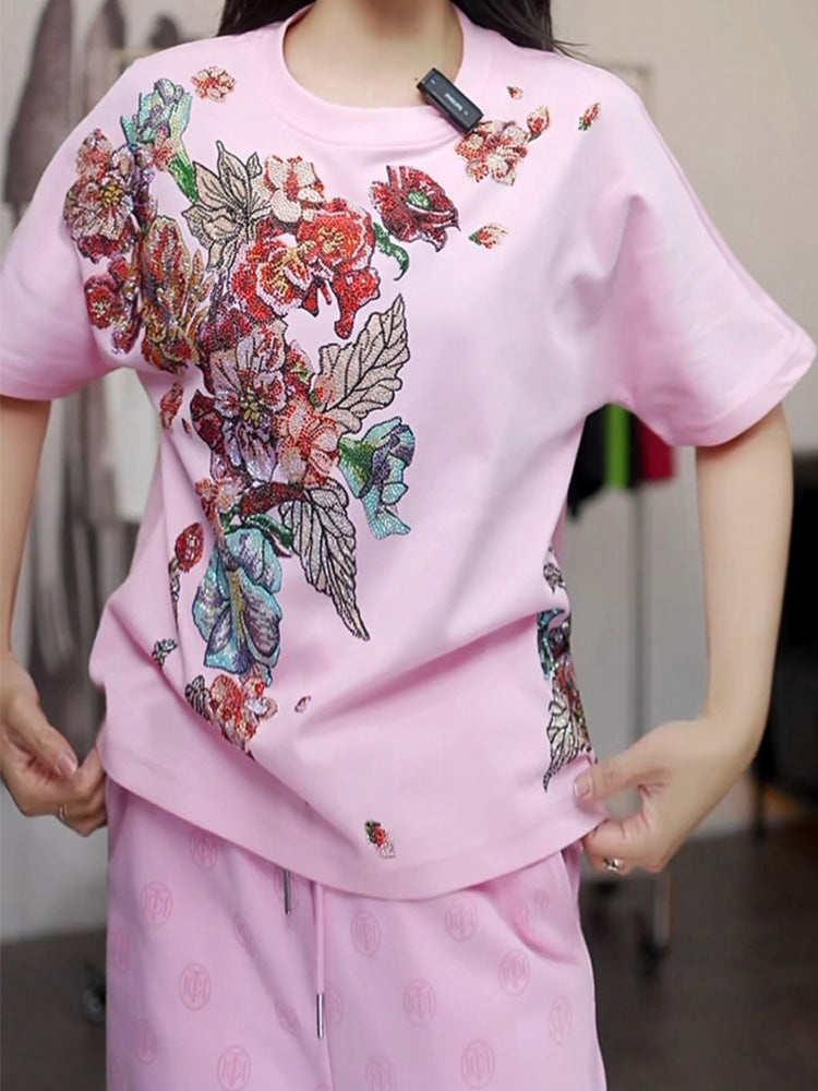 TCH Floral Print Rhinestone Cotton Vintage T-shirt