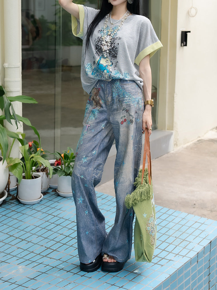TCH Star Graphic Rhinestone Cotton Jeans