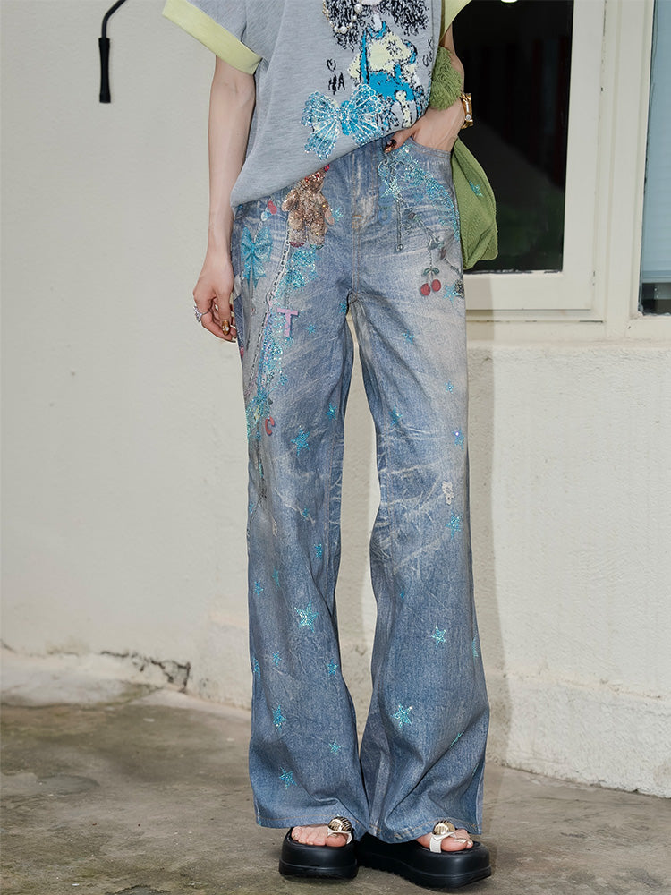 TCH Star Graphic Rhinestone Cotton Jeans