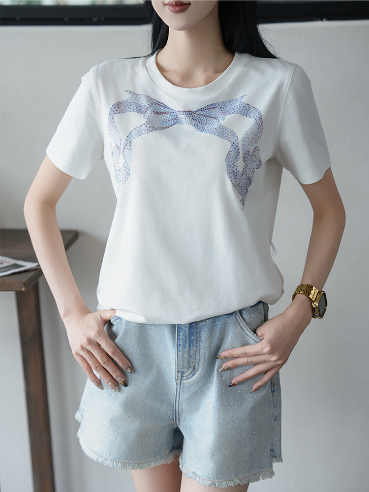 TCH Bow Rhinestone Cotton Short Sleeve Tee