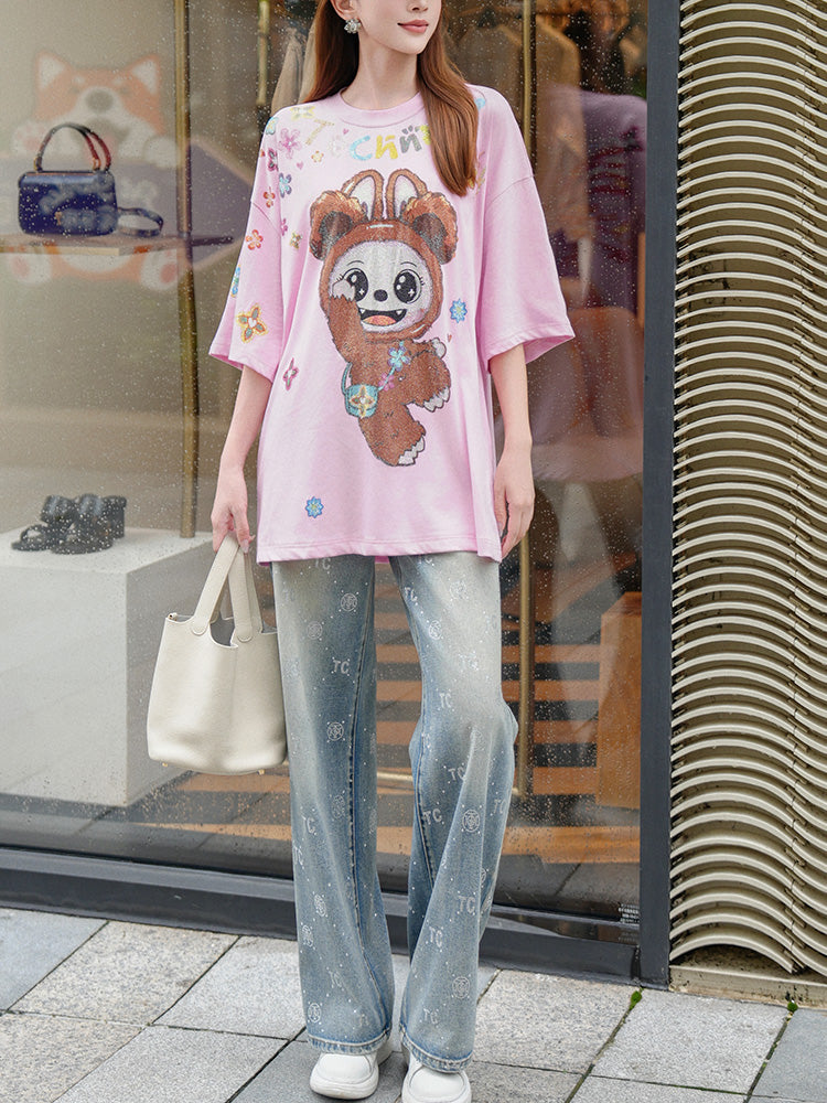 TCH Labubu Rhinestone Pink Bow Oversized Tee