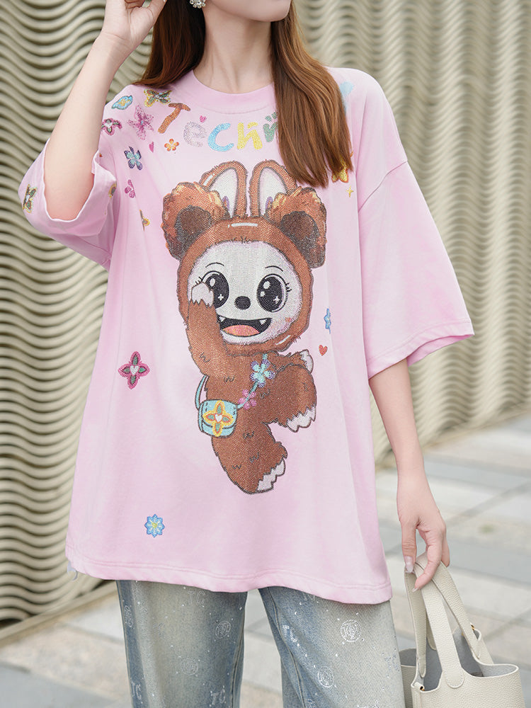 TCH Labubu Rhinestone Pink Bow Oversized Tee