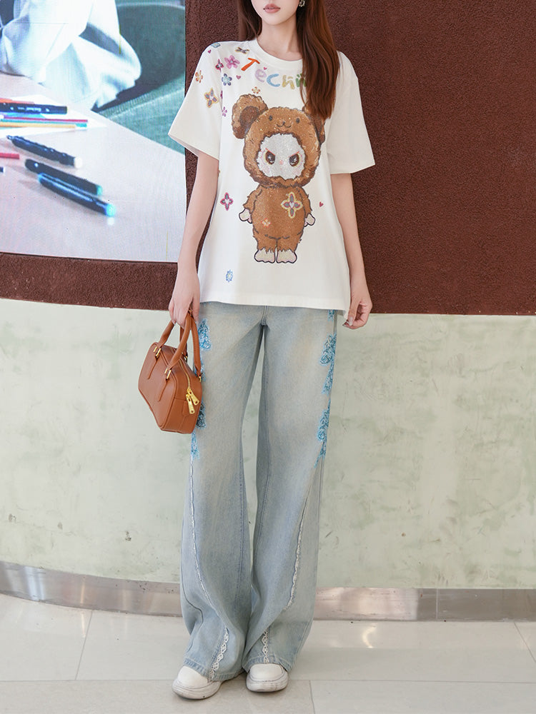 TCH Labubu Rhinestone Colorful Tee with White