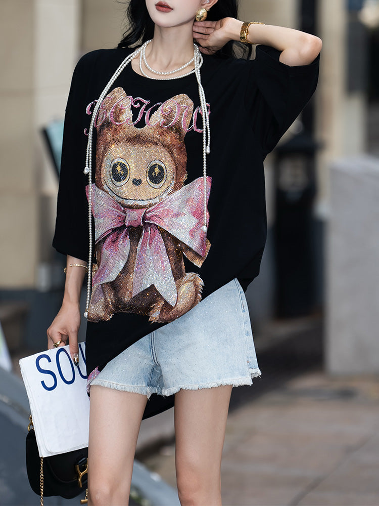 TCH LABUBU Rhinestone Bow Oversized T-shirt