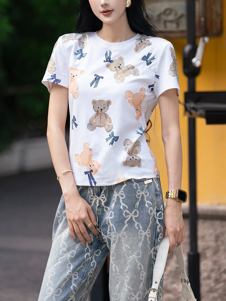 TCH Allover Teddy Bear Rhinestone Tee with White
