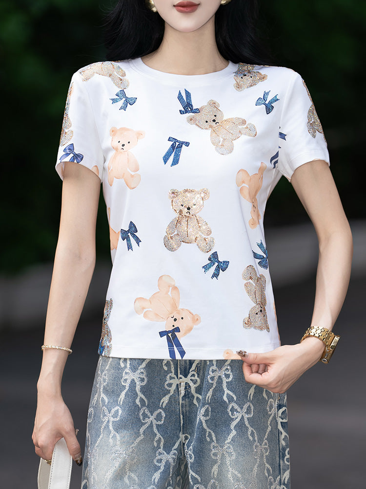 TCH Allover Teddy Bear Rhinestone Tee with White