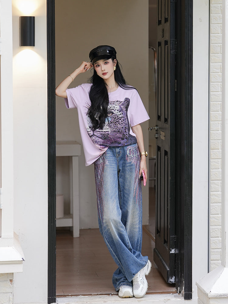 TCH Rhinestone Leopard Graphic Pink T-Shirt