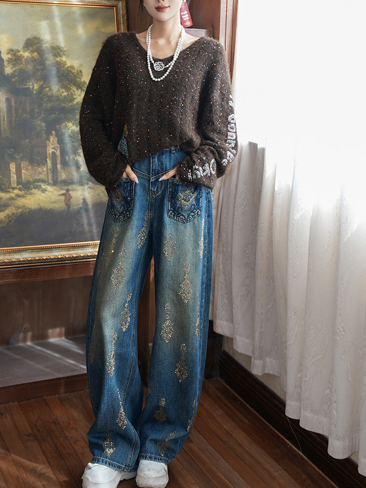 TCH Allover Rhinestone Wide Leg Jeans