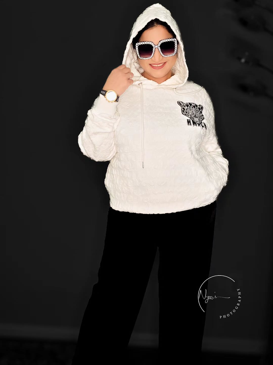 TCH Jacquard Rhinestone Leopard Hoodie in White