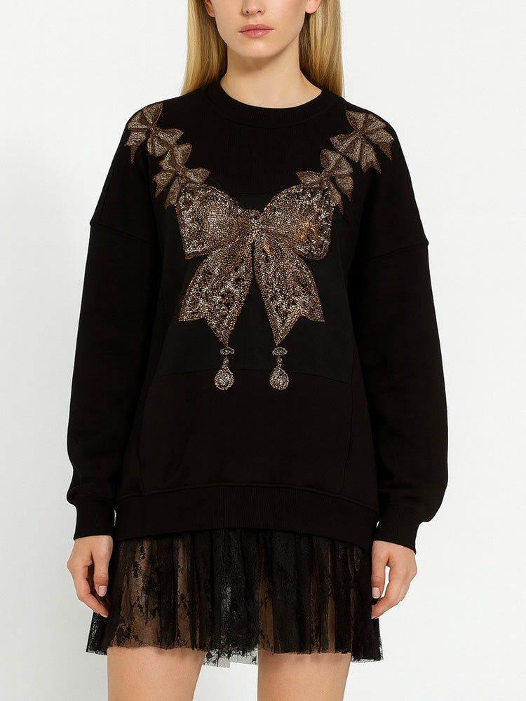 TCH Rhinestone Bow Mesh Short Dress with Lace Detail