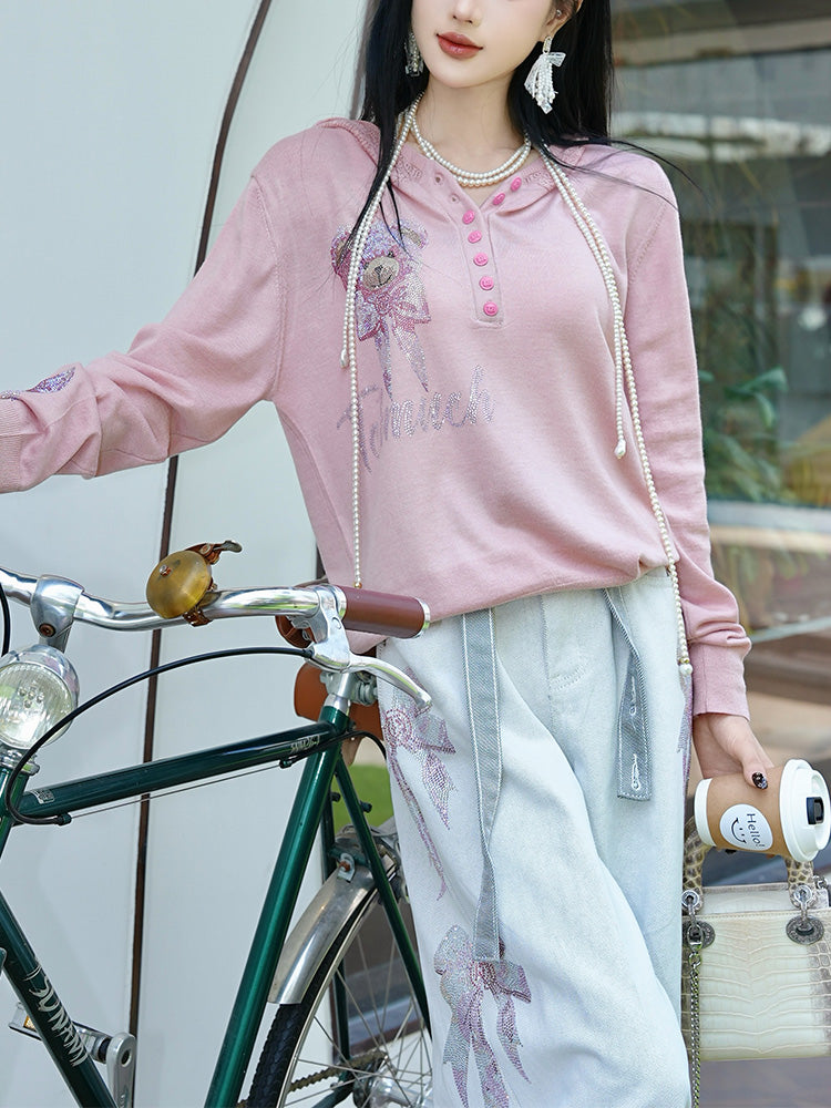 TCH Bear Rhinestone Graphic Hoodie Top