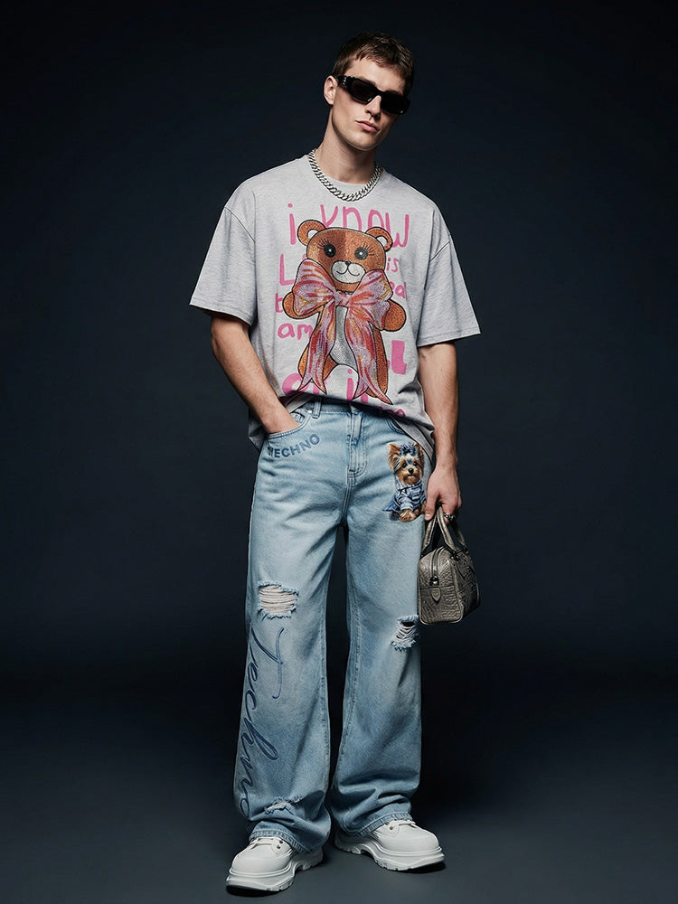 tch rhinestone teddy bear sparkling oversized t shirt lightgray HighEnd Luxury Streetwear Brand Official Showcase