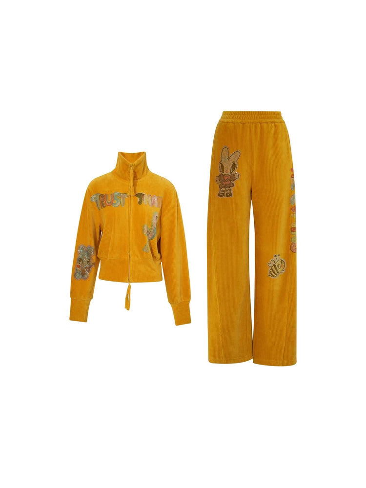 TCH Graphic Rhinestone Velvet 2 Piece Outfits Yellow