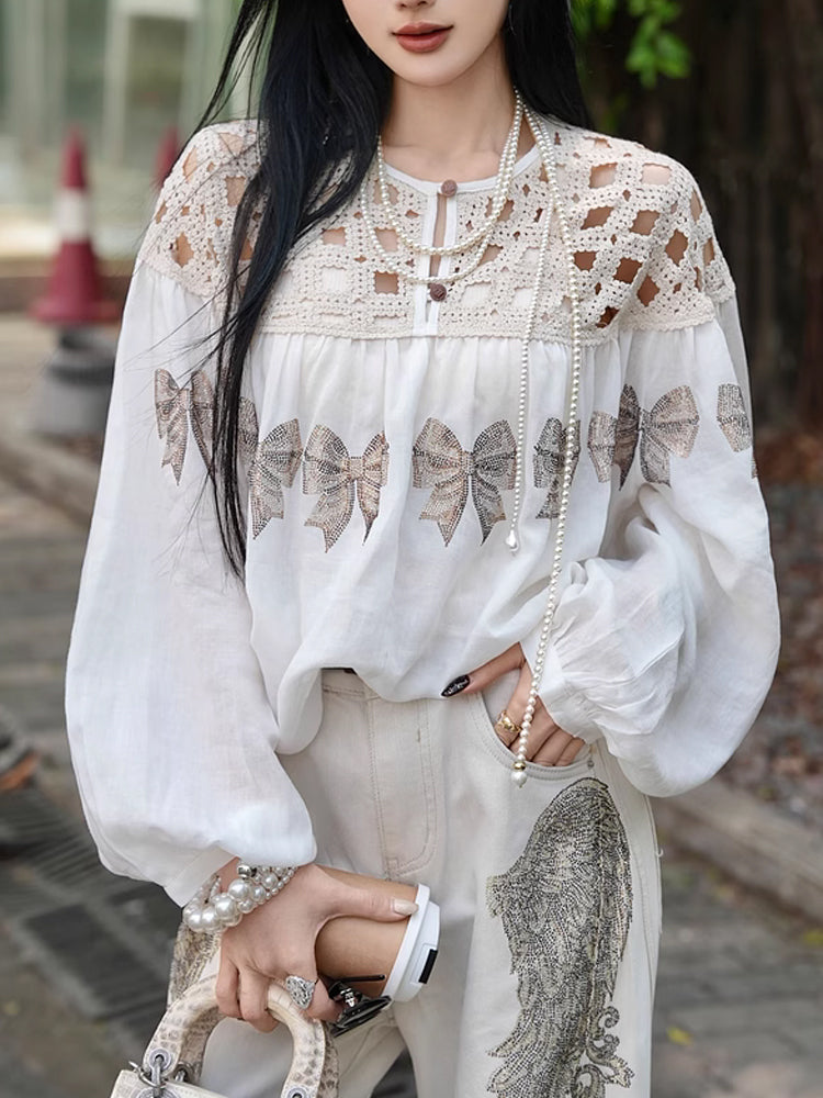 TCH Rhinestone Bow Floral Hollow Lace Blouse