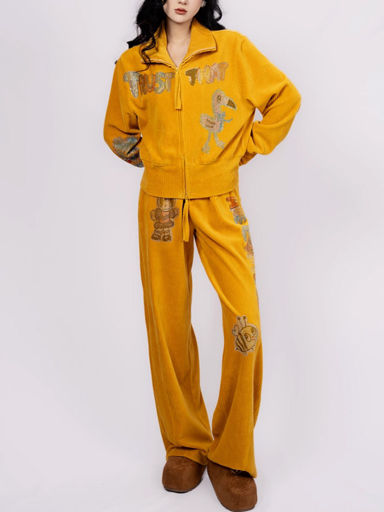 TCH Graphic Rhinestone Velvet 2 Piece Outfits Yellow