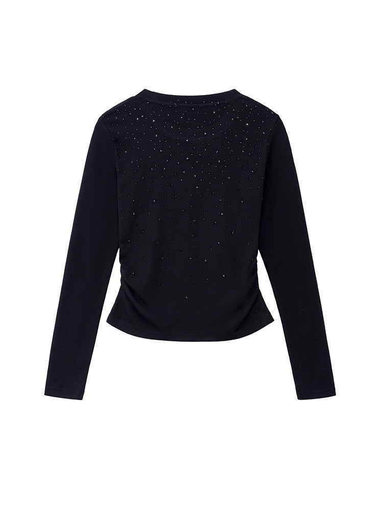 TCH Round Neck Rhinestone Ruched Blouse Top