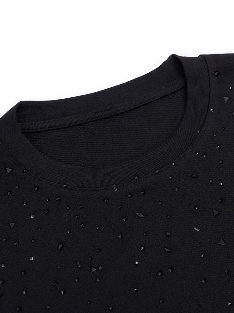 TCH Round Neck Rhinestone Ruched Blouse Top