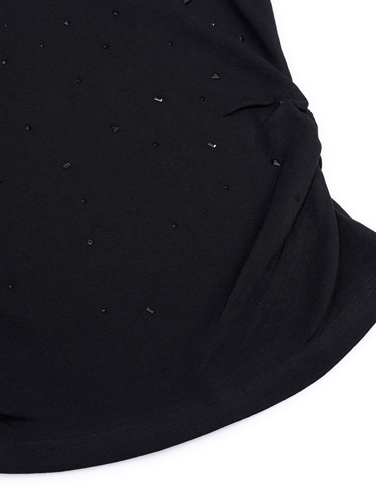 TCH Round Neck Rhinestone Ruched Blouse Top