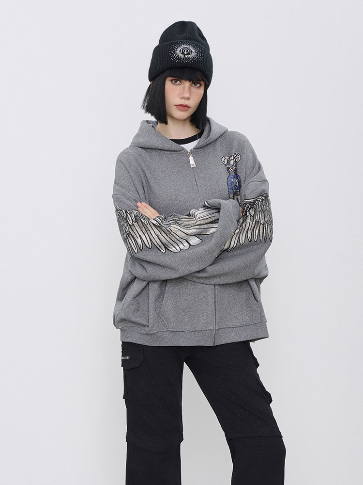TCH Luxury Rhinestone Wings Sleeve Hoodie Jacket with Pocket