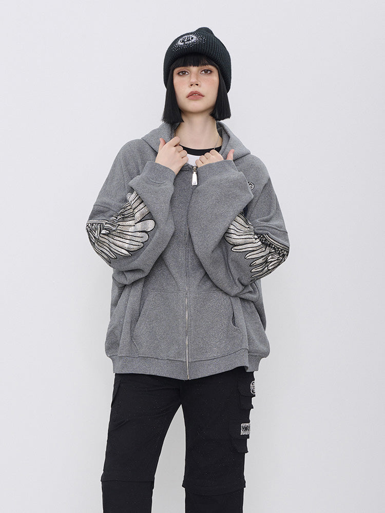 TCH Luxury Rhinestone Wings Sleeve Hoodie Jacket with Pocket