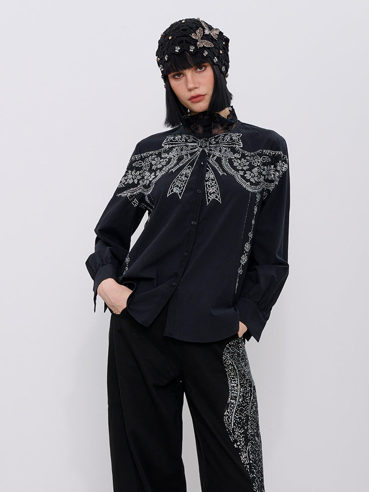 TCH Rhinestone Bow Print Lace Essential Shirts with Black