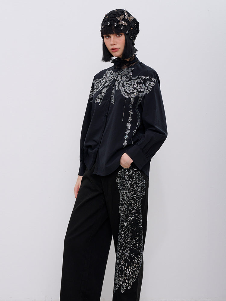 TCH Rhinestone Bow Print Lace Essential Shirts with Black