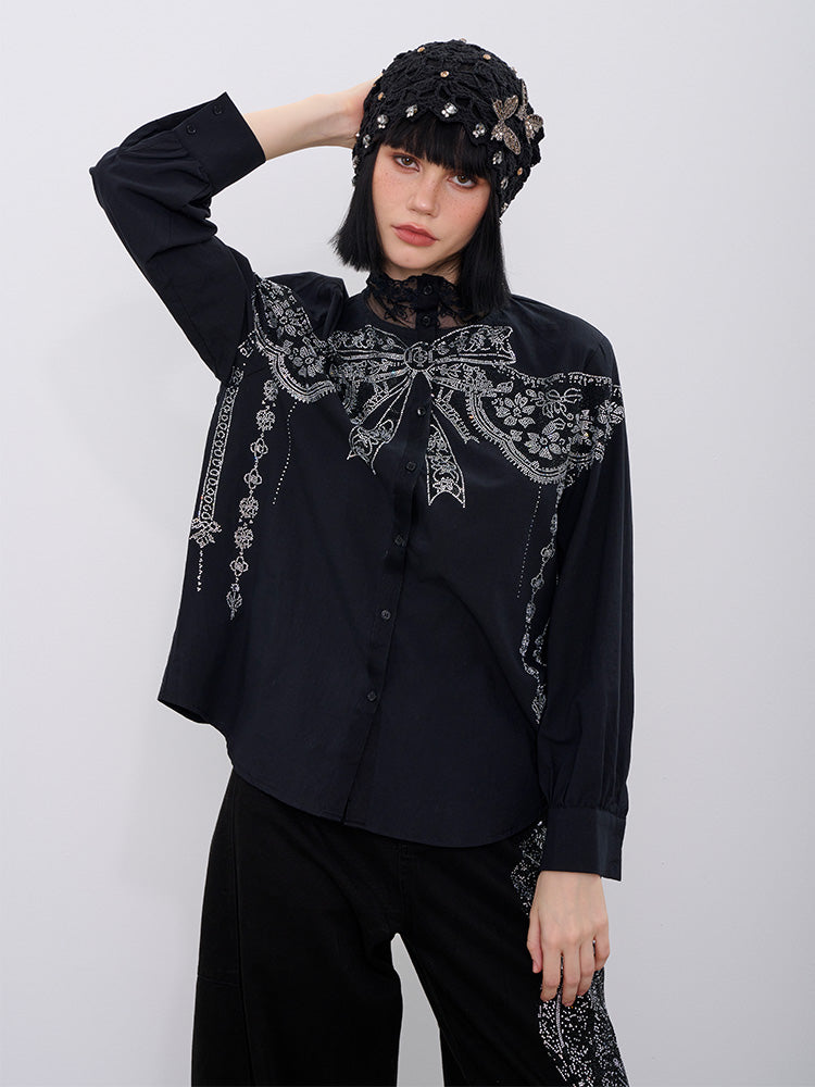 TCH Rhinestone Bow Print Lace Essential Shirts with Black