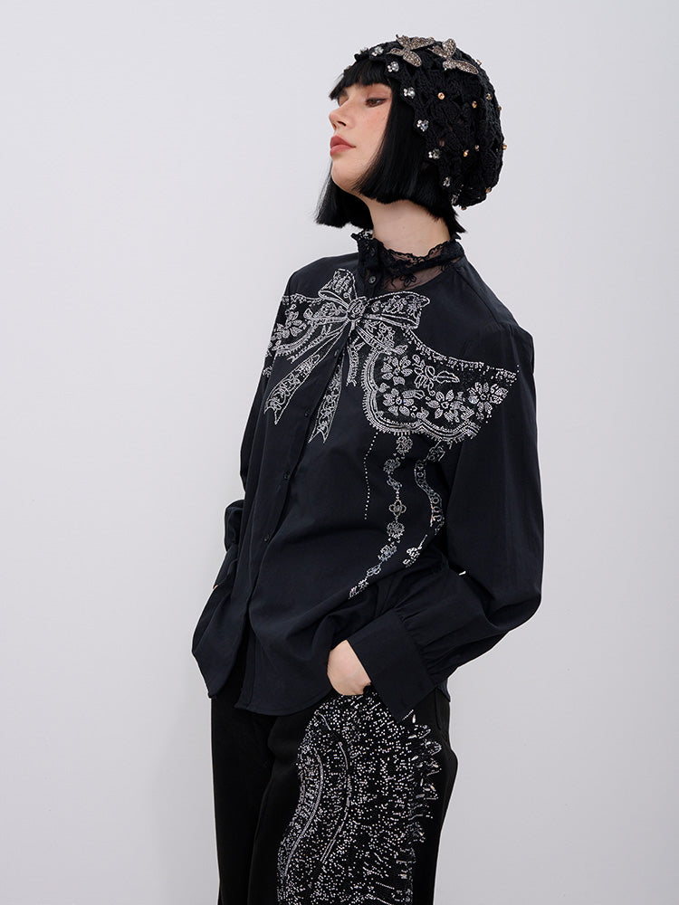 TCH Rhinestone Bow Print Lace Essential Shirts with Black