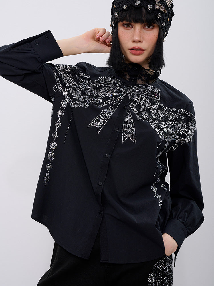 TCH Rhinestone Bow Print Lace Essential Shirts with Black
