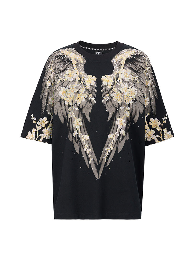 TCH Pre-sale Sparkling Rhinestone Wings&Flower Print T-Shirt