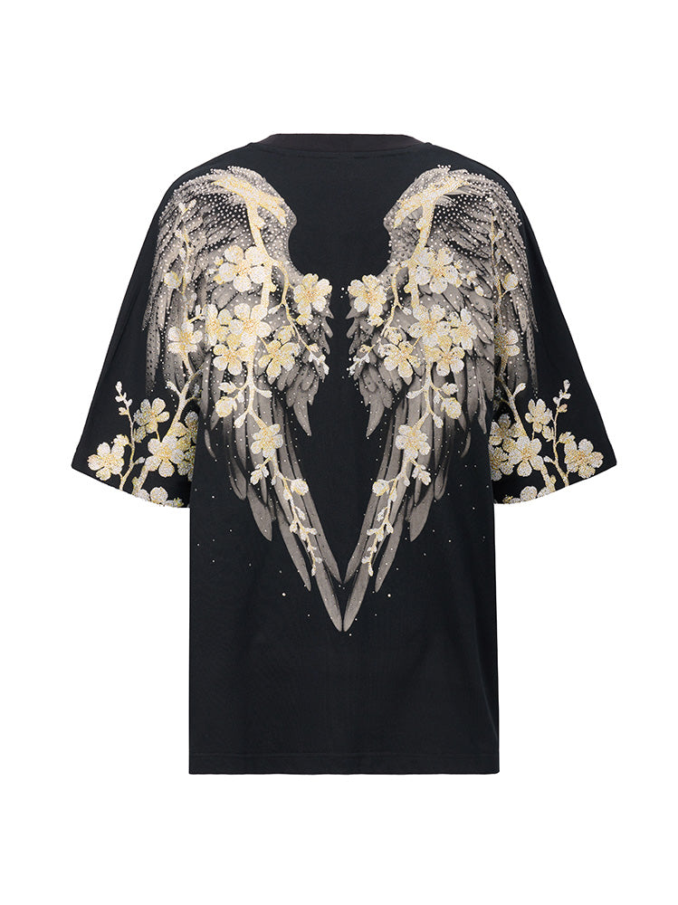 TCH Pre-sale Sparkling Rhinestone Wings&Flower Print T-Shirt