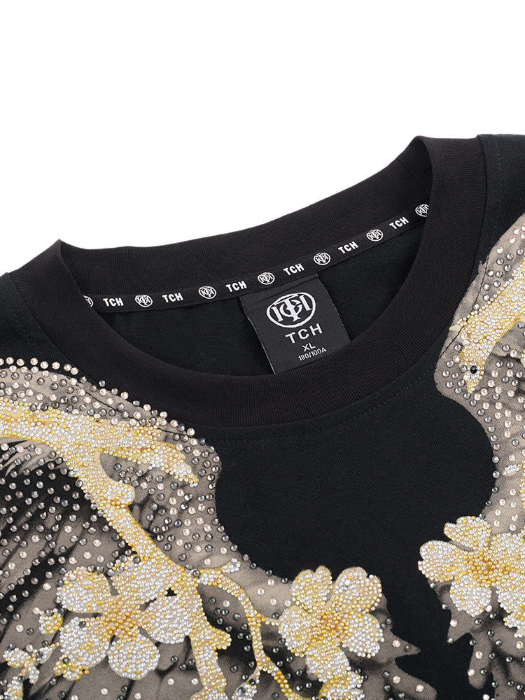 TCH Pre-sale Sparkling Rhinestone Wings&Flower Print T-Shirt