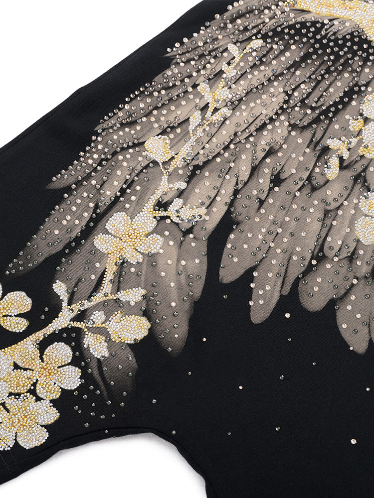TCH Pre-sale Sparkling Rhinestone Wings&Flower Print T-Shirt